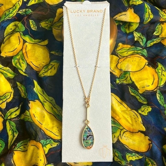 Brand New Lucky Brand Abalone Teardrop Pendant Long Necklace Gold Tone Vintage - Picture 2 of 14